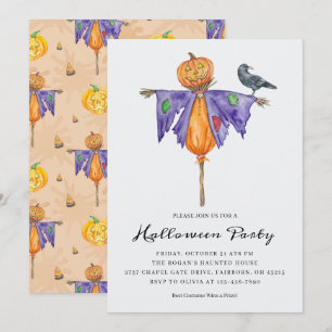Halloween-Fågelskrämma med Pumpkin Party Inbjudningar