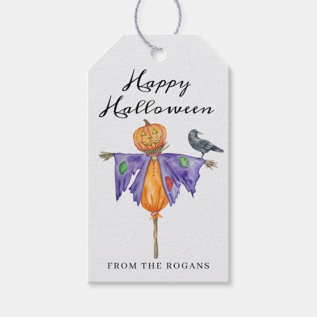 Halloween-Fågelskrämma med Pumpkin Presentetikett (Framsidan)