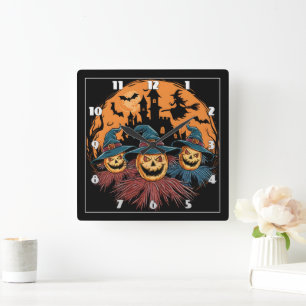 Halloween-fågelskrämma trio i en pookisk bakgrund fyrkantig klocka