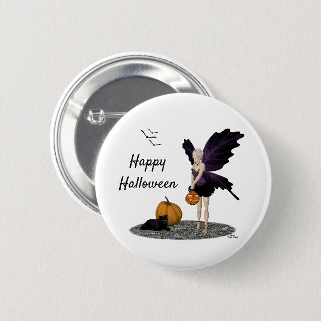 Halloween Fairy with Pumpkin Pin Button Knapp (Framsida & baksida)