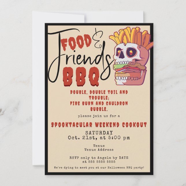 Halloween Fall Friends Food BBQ Skull Burger Fries Inbjudningar (Framsida)