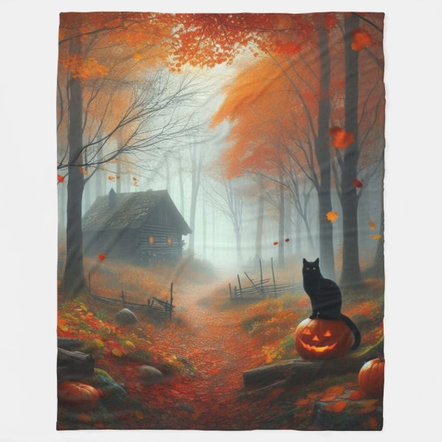 Halloween/Fall/Höst/pumpkin/katt Fleecefilt (Framsidan)