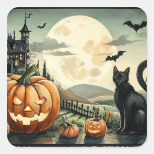 Halloween/Fall/Höst/pumpkin/katt Fyrkantigt Klistermärke