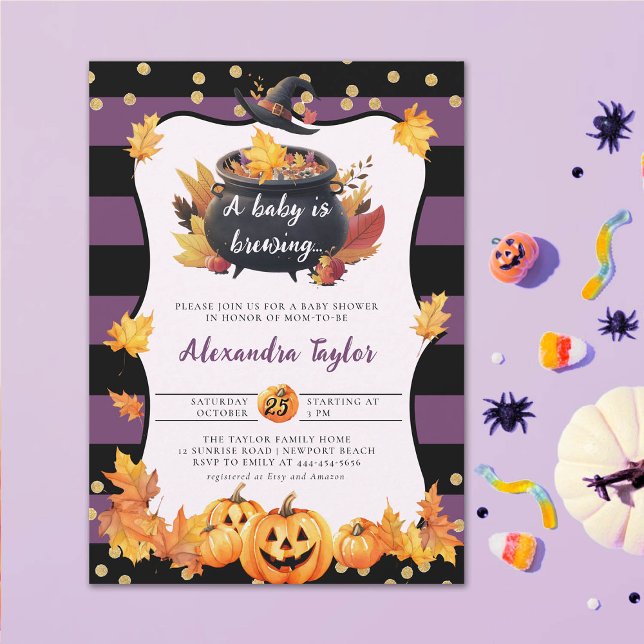 Halloween Fall Pumpkin Witch Cute Flicka Shower Inbjudningar (halloween baby shower witch cauldron pumpkin invitation october novermber fall)