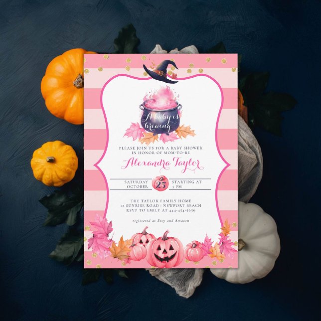 Halloween Fall Pumpkin Witch Rosa Flicka Shower Inbjudningar (halloween baby shower witch cauldron pumpkin invitation october novermber fall pink purple)