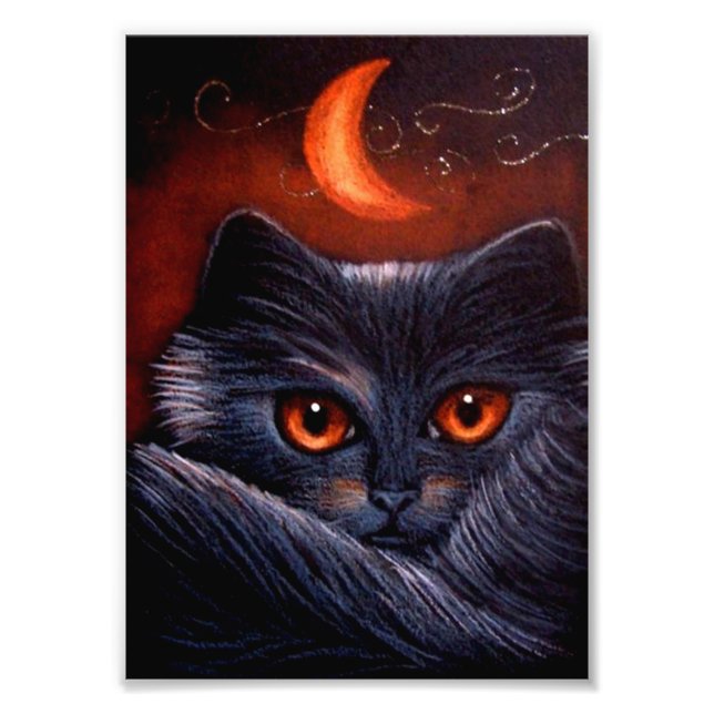 HALLOWEEN FANTASY BLACK CAT & ORANGE MÅNE PRINT FOTOTRYCK (Framsidan)