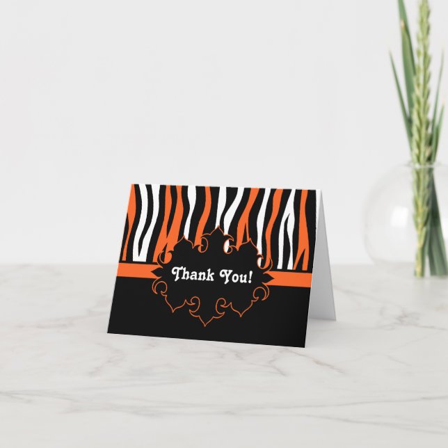 Halloween färg zebra ränder svart och orange tack kort (Framsida)