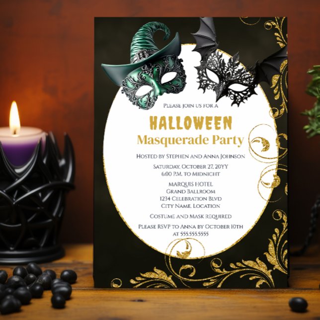 Halloween Faux Glitter MasqueraCostume Party Inbjudningar (Halloween masquerade costume party invitation front.)