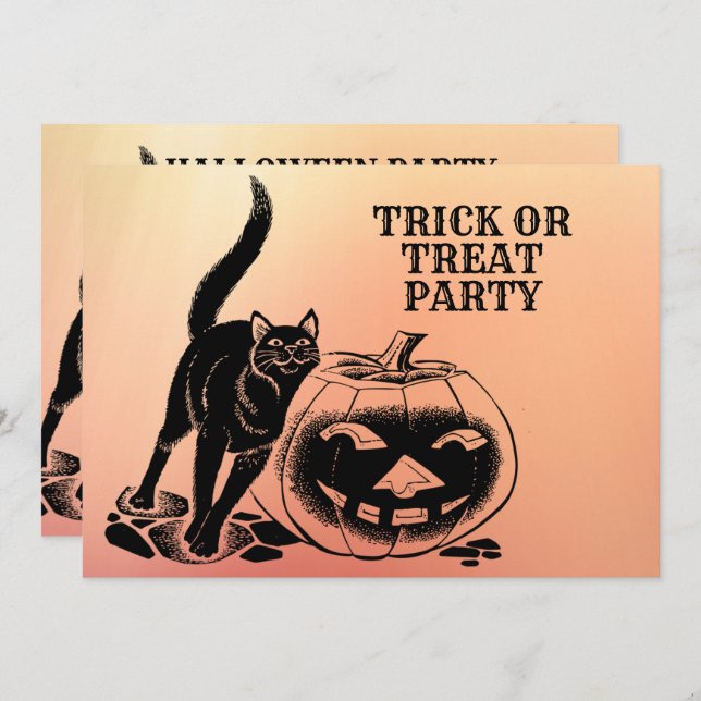 Halloween fest Black Cat Pumpkin Orange Scary Inbjudningar (Fram/baksida)