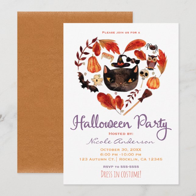 Halloween fest Black Cat Watercolor Whimsical Inbjudningar (Fram/baksida)