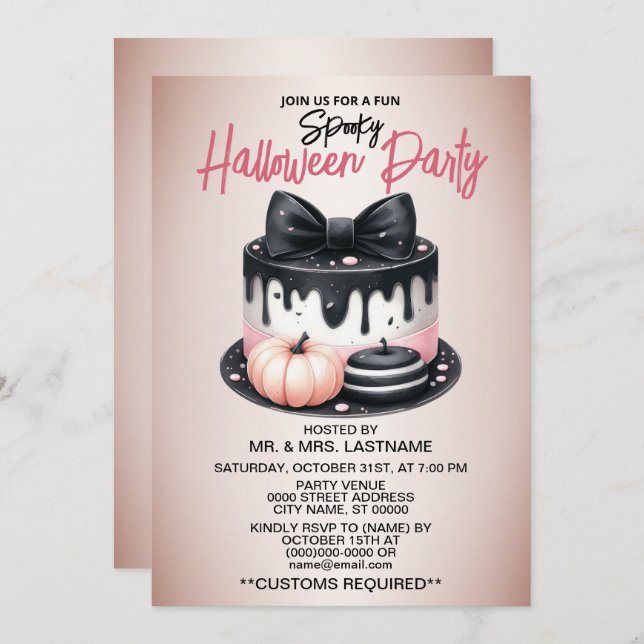 Halloween fest Black Rosa Cake Treat Spooky Inbjudningar (Fram/baksida)