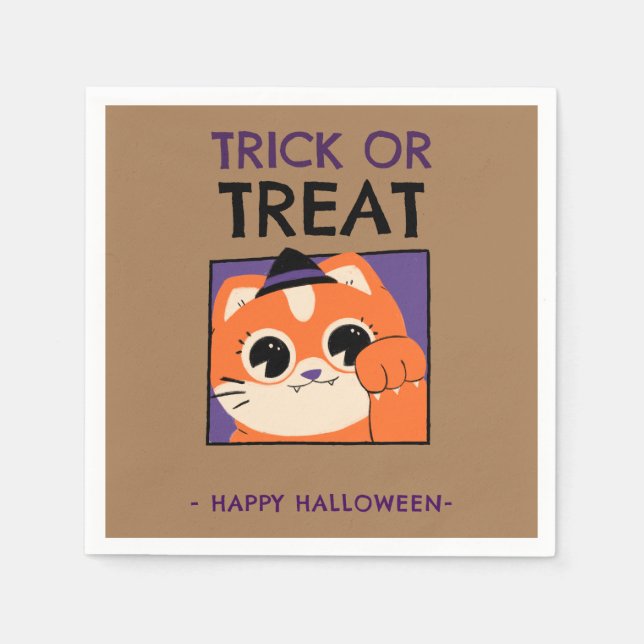 Halloween fest blöjor, kattade med hatt, bruna pappersservett (Framsidan)