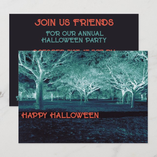 Halloween fest Blue Grönt Scheme Scary Skogen Inbjudningar (Fram/baksida)