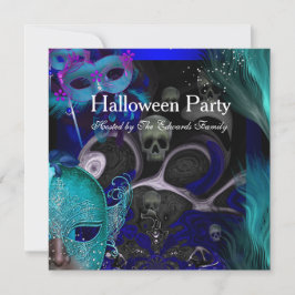 Halloween fest Blue Teal Mask Masquerad Party Inbjudningar