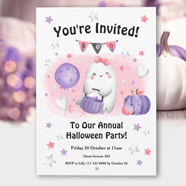 Halloween fest Cute Ghost Rosa Lila Kids Inbjudningar (Halloween Party Cute Ghost Pink Purple Kids Invitation)