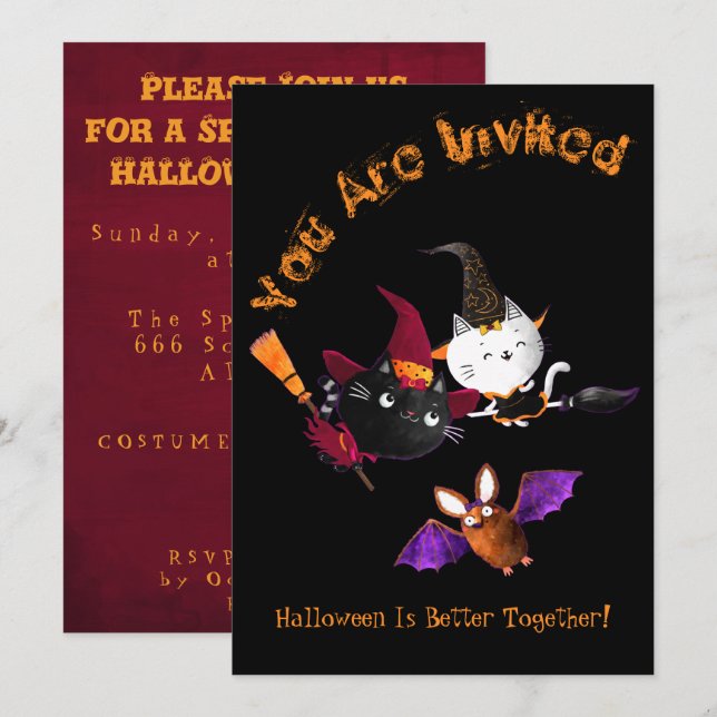 Halloween fest Cute Witch Cats Brooms Fladdermus K Inbjudningar (Fram/baksida)