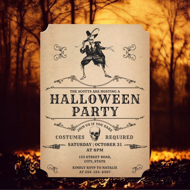 Halloween fest Dancing Skeleton Gothic Vintage Inbjudningar (Vintage gothic Halloween party invitation against a spooky forest background. )