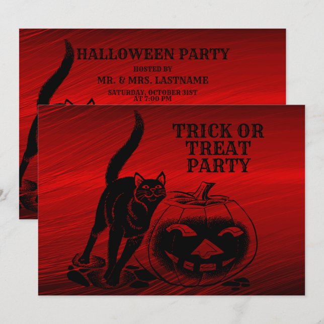 Halloween fest Evil Black Cat Pumpkin Red Scary Inbjudningar (Fram/baksida)