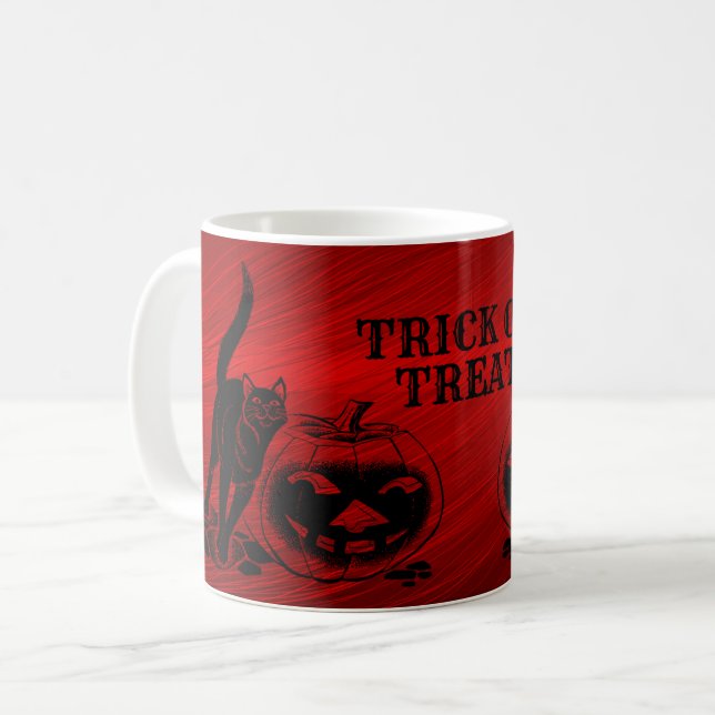 Halloween fest Evil Black Cat Pumpkin Red Scary Kaffemugg (Framsida vänster)