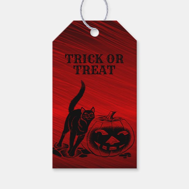 Halloween fest Evil Black Cat Pumpkin Red Scary Presentetikett (Framsidan)