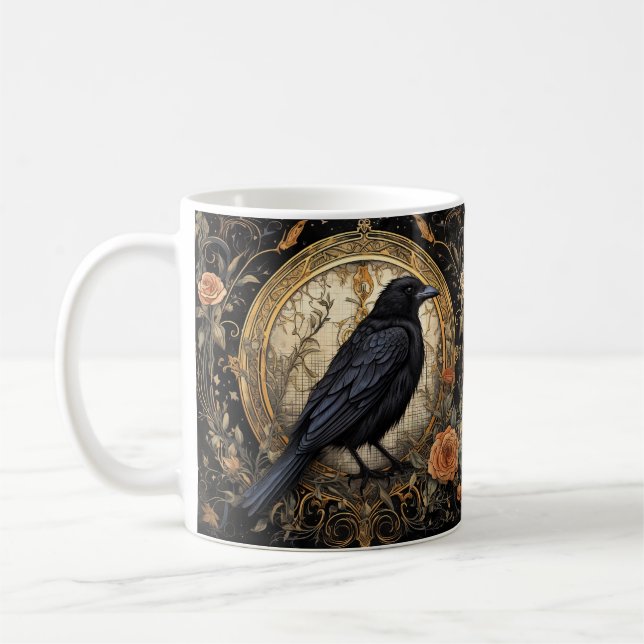 Halloween fest Evil Black Kråka Orange Flowers Kaffemugg (Vänster)
