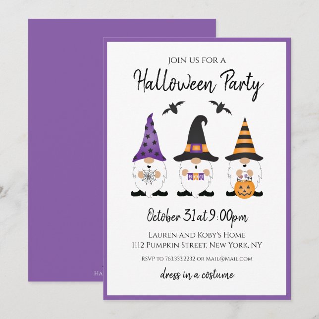 Halloween fest Gnomes Lila Orange Inbjudningar (Fram/baksida)