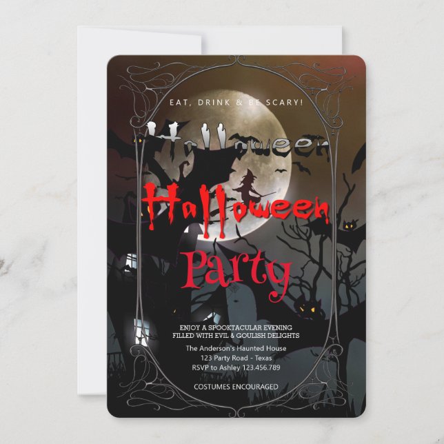 Halloween fest Gothic häxa och hemsökt hus Inbjudningar (Framsida)