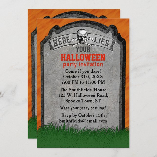 Halloween fest| Gravt Skullben i Gravsten Inbjudningar (Fram/baksida)