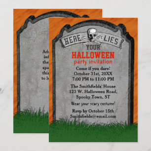 Halloween fest Gravt Skullben i Gravsten Inbjudningar