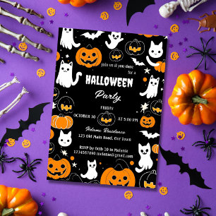 Halloween fest groovy retro cat spöken pumpor inbjudningar
