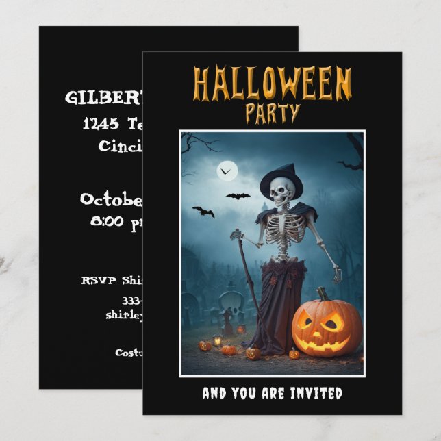Halloween fest inbjudan Skeleton och Pumpkins (Fram/baksida)