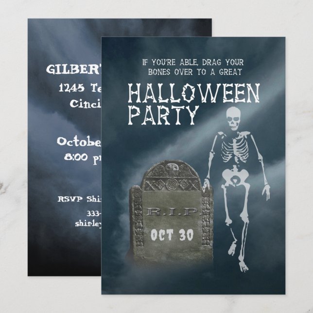 Halloween-fest inbjudan Skelett och gravsten (Fram/baksida)