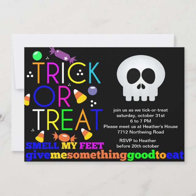 Halloween fest inbjudningsskelett och godis inbjudningar (Framsida)