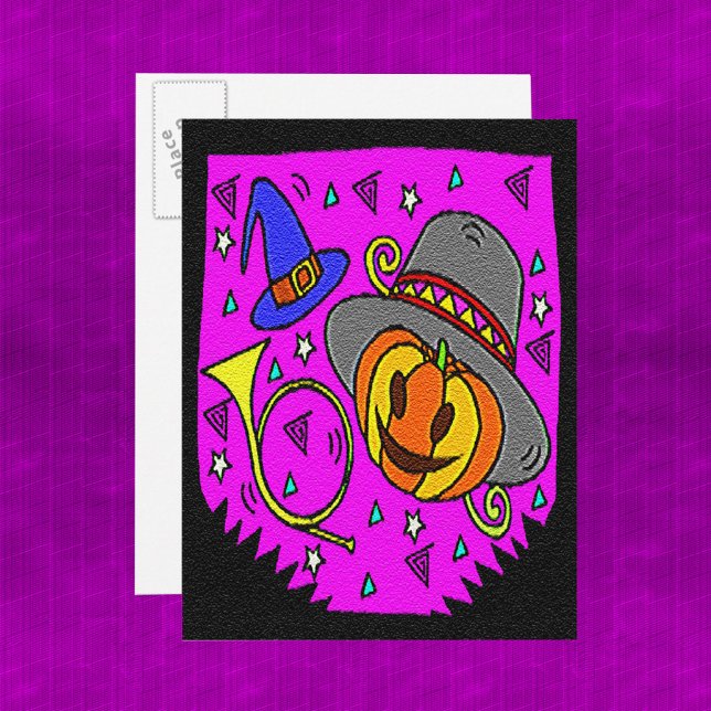 Halloween fest Jack O'Lantern Bugle Lila Inbjudan Vykort (Halloween Party, Jack o' Lantern and Bugle Pattern Postcard)