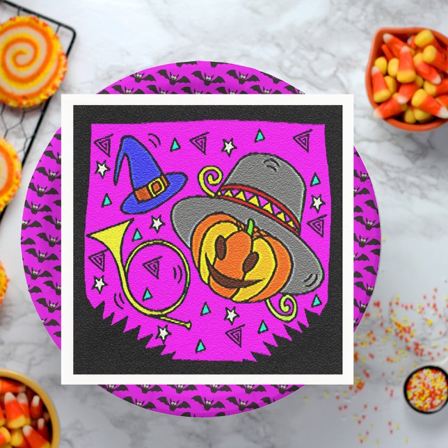 Halloween fest Jack O'Lantern Bugle Lila Papper Pappersservett (Halloween Party Jack O'Lantern Bugle Bats Purple Paper Napkins)