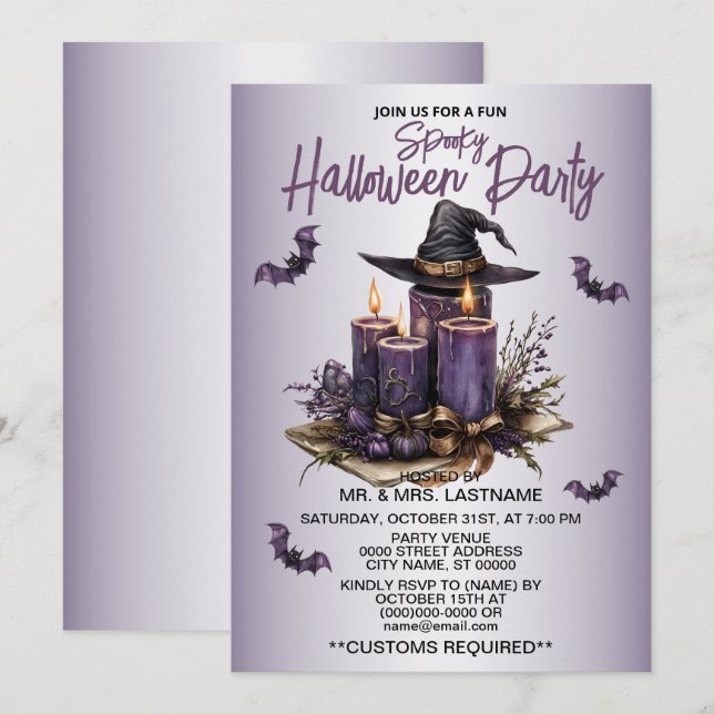 Halloween fest Lila Candles Fladdermus Spooky Scar Inbjudningar (Fram/baksida)