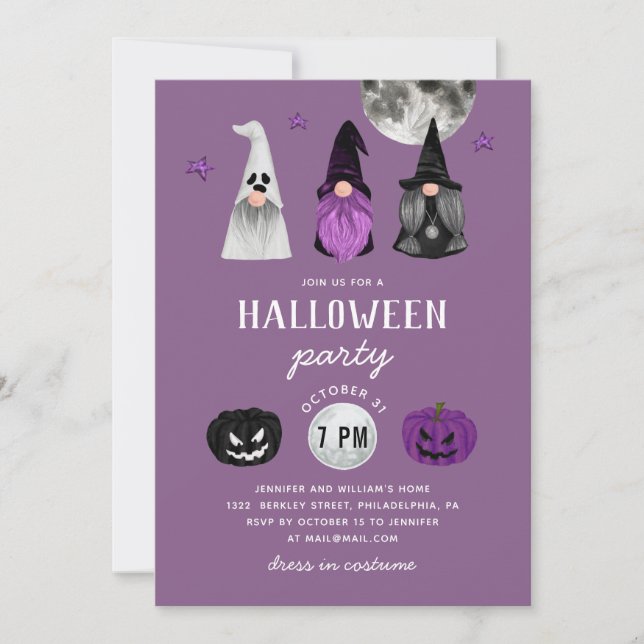 Halloween fest | Lila Gnome Witches & Ghost Inbjudningar (Framsida)