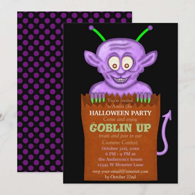 Halloween fest Lila Goblin Funny Kids Inbjudningar (Fram/baksida)