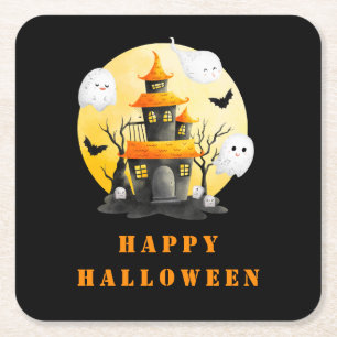 Halloween fest med hemligt hus och Spöken Underlägg Papper Kvadrat