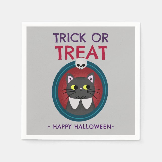 Halloween fest napkin, katt i porträtt på grått pappersservett (Framsidan)