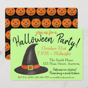 Halloween fest Orange Pumpkin Black Witch Hat Inbjudningar