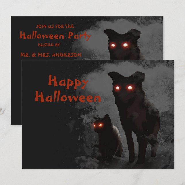 Halloween fest ört, svart katt och Hund Inbjudningar (Fram/baksida)