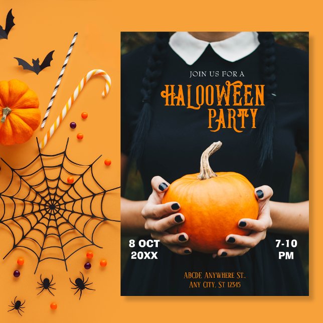 Halloween fest pumpkins svarta klänning inbjudningar (Skapare uppladdad)