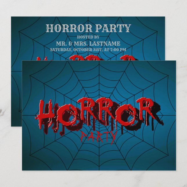 Halloween fest Red Horror Spindelnät Blue Scary Inbjudningar (Fram/baksida)