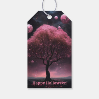 Halloween fest Rosa Träd Red Måne Mörk Natten Presentetikett