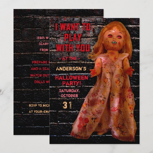 Halloween fest Scary Creepy Doll vill spela Inbjudningar (Fram/baksida)