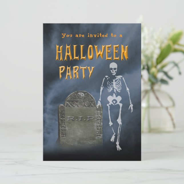 Halloween fest Skeleton och det antika Gravsten Inbjudningar (Stående Fram)