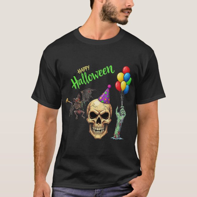 Halloween fest Skull, Fladdermus & Zombie T Shirt (Framsida)