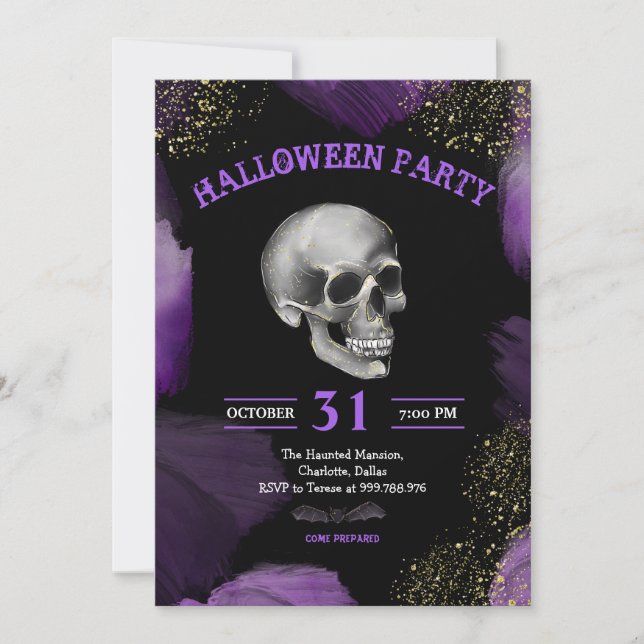 Halloween fest | Skull Lila Guld Glitter-taloky Inbjudningar (Framsida)