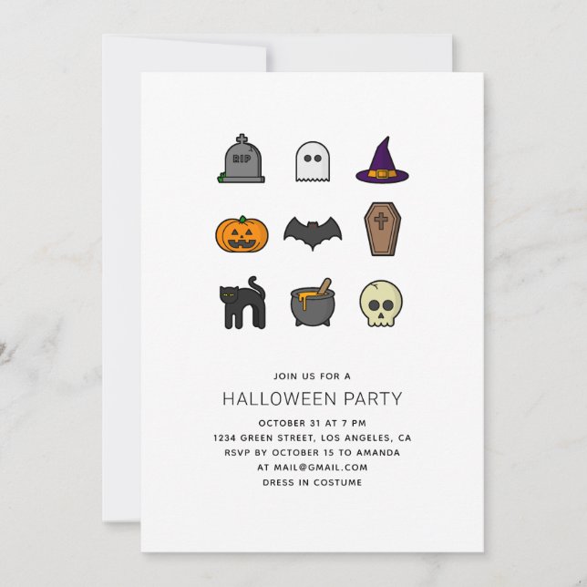 Halloween fest. Skull, pumpa, fladdermus, svart ka Inbjudningar (Framsida)